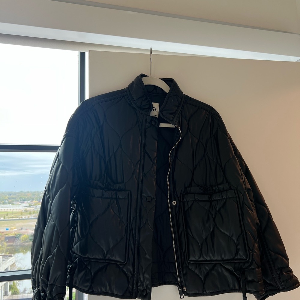 Zara Faux Leather Black Quilted Jacket XS